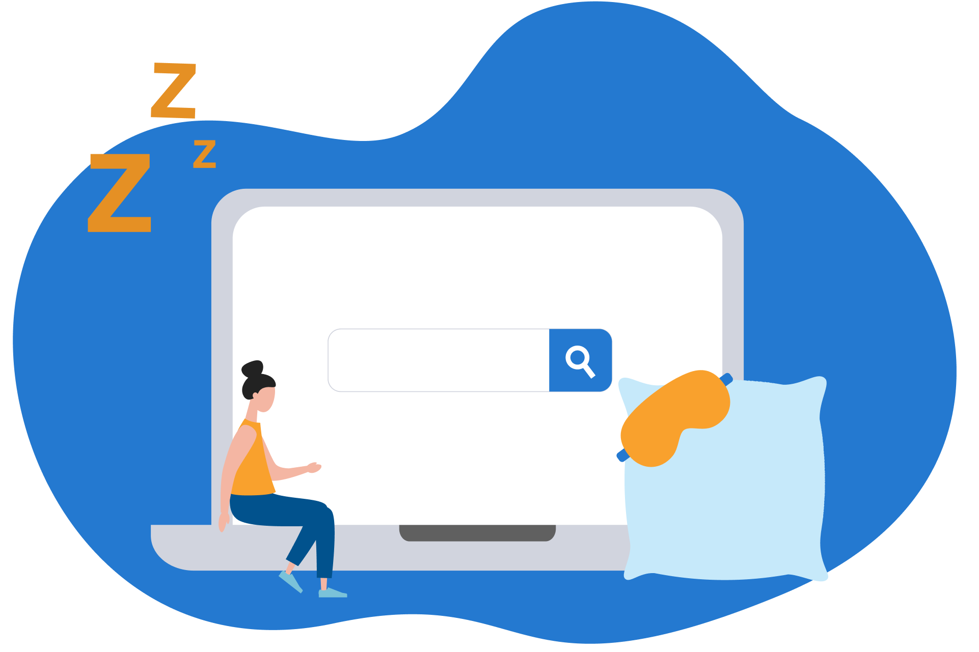 Ilustração de busca na internet, com uma mulher sentada na base de um notebook.